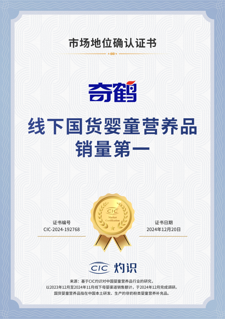 奇鹤荣获CIC灼识“线下国货婴童营养品销量第一”的市场地位确认